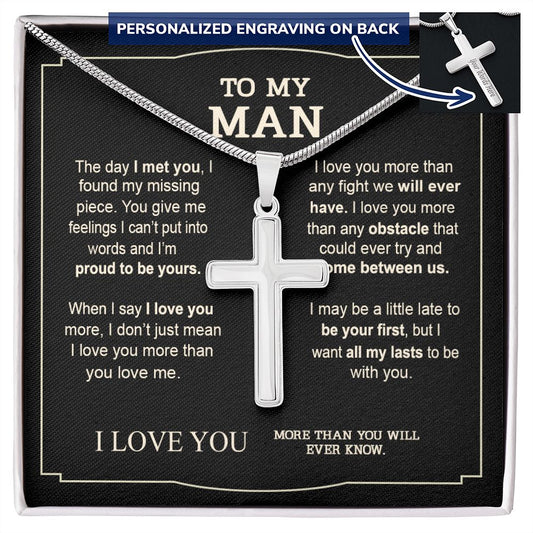 To My Man Cross Necklace Gifts For Man On Birthday Gift Communion Present Necklace From Fiancee, Soulmate Jewelry For Men, Stainless Artisan Crafted Cross Necklace Gift For Man with Message Card Personalized Cross Necklace