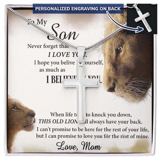 Personalized Necklace Gift For Son from Mom, To My Son Cross Necklace Gift from Mom, My Son Necklace from Mom, Lion Son Cross Pendant Necklace from Mom, Graduation Gift Necklace for Sons Birthday