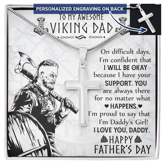 Viking Dad Cross Necklace, Jewelry Gift For Men, To My Awesome Viling Dad Necklace From Daughter, Happy Father's Day Cross Necklace Gift For Him, Daddy's Girl Necklace Gift From Little Girl Necklace Personalized Cross Necklace 2222
