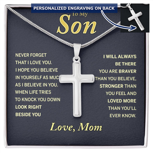 Jewelry For Mens - To My Son From Mom Necklace Son Jewelry, Fathers Day Necklace Gift For Son From Mom, Small Cross Necklace For Men Boy, 14K White Gold Stainless Steel Cross Chains, Cross P Personalized Cross Necklace