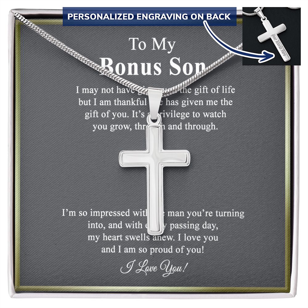 Jewelry For Mens - Bonus Son Necklace Gift, to My Bonus Son Jewelry from Mom, Lion Necklace Pendant, Step Son Gift, for Bonus Son, Adopted Son Gift Necklace, Stepchild Gifts 14K Cross1 Personalized Cross Necklace