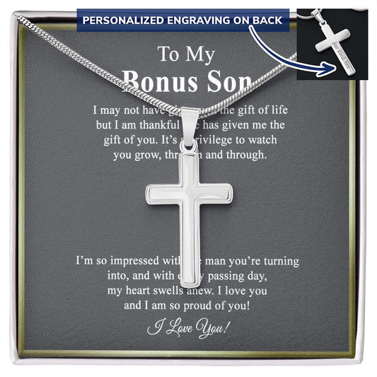 Jewelry For Mens - Bonus Son Necklace Gift, to My Bonus Son Jewelry from Mom, Lion Necklace Pendant, Step Son Gift, for Bonus Son, Adopted Son Gift Necklace, Stepchild Gifts 14K Cross1 Personalized Cross Necklace
