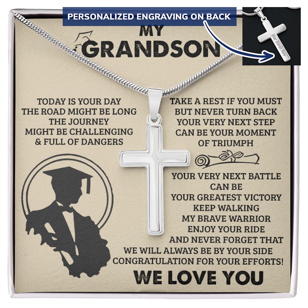 Graduation Gift Necklace, To my Grandson Cross Necklace Gift From Grandma, Grandpa, Necklace Gift For Grandson, Jewelry Gift For Boys, Man Cross Pendant, Graduation Necklace Gift For Him We Love You Personalized Cross Necklace 2222