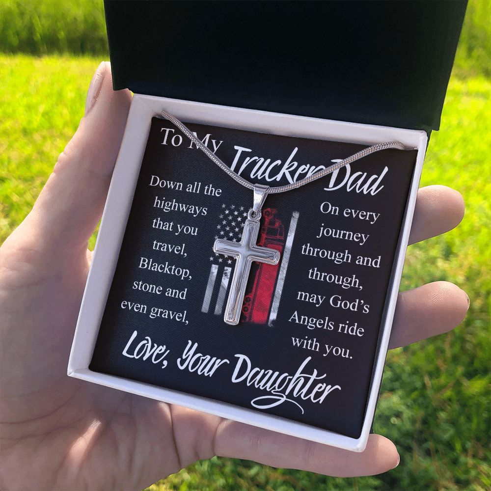 Trucker Dad Gift Necklace, Father And Daughter Cross Necklace, To My Trucker Dad Necklace From Daughter, Jewelry Gift For Men, Mans Gift Necklace For Him, Cross Pendant Gift For Dad From Her Personalized Cross Necklace 2222