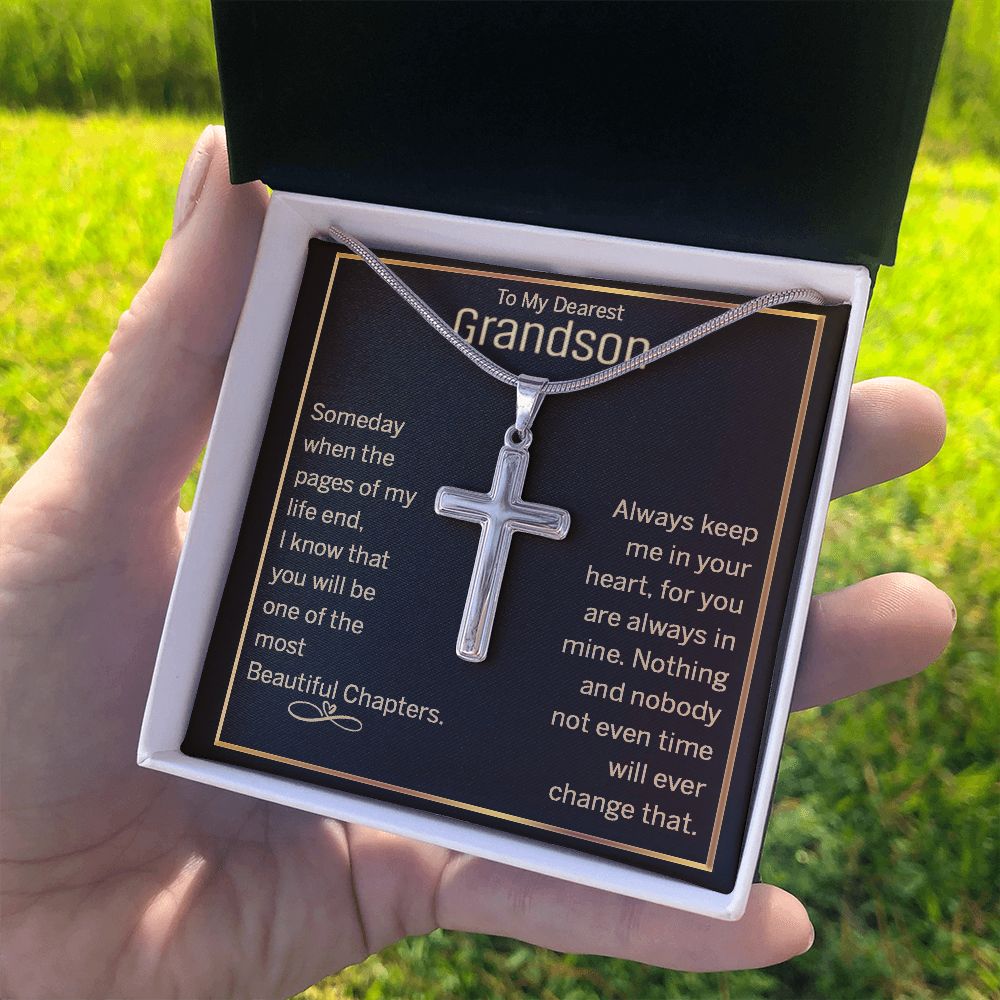 To My Dearest Grandson Cross Necklace From Grandma, Grandson Cross Necklace Pendant Gift On Birthday Christmas Graduation Gift Necklace Anniversary, Jewelry Gift For Boys, Men Cross Necklace Gift