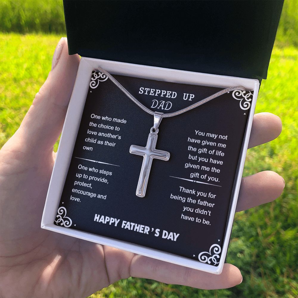 Stepped Up Dad Cross Necklace From Son, Happy Father's Day Necklace Gìt For Dad, Father And Son Gift Necklace, Stepped Up Dad Gift Necklace, To My Dad Cross Necklace From Son, Jewelry Gift For Men