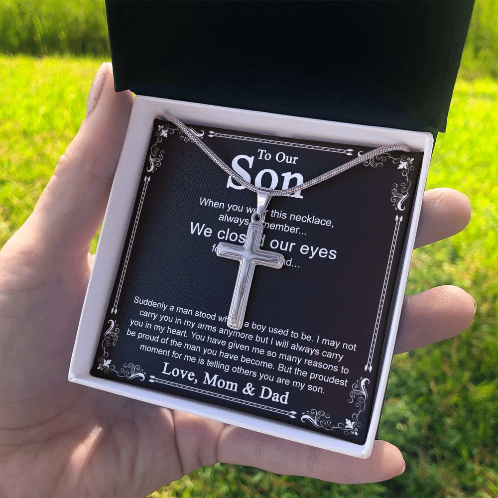 To Our Son Cross Necklace Pendant for Birthday Christmas Graduation Gift Cross Necklace from Dad Mom with Message Card and Gift Box For Son Personalized Gift Necklace for Son From Father and Mother Personalized Cross Necklace 2222