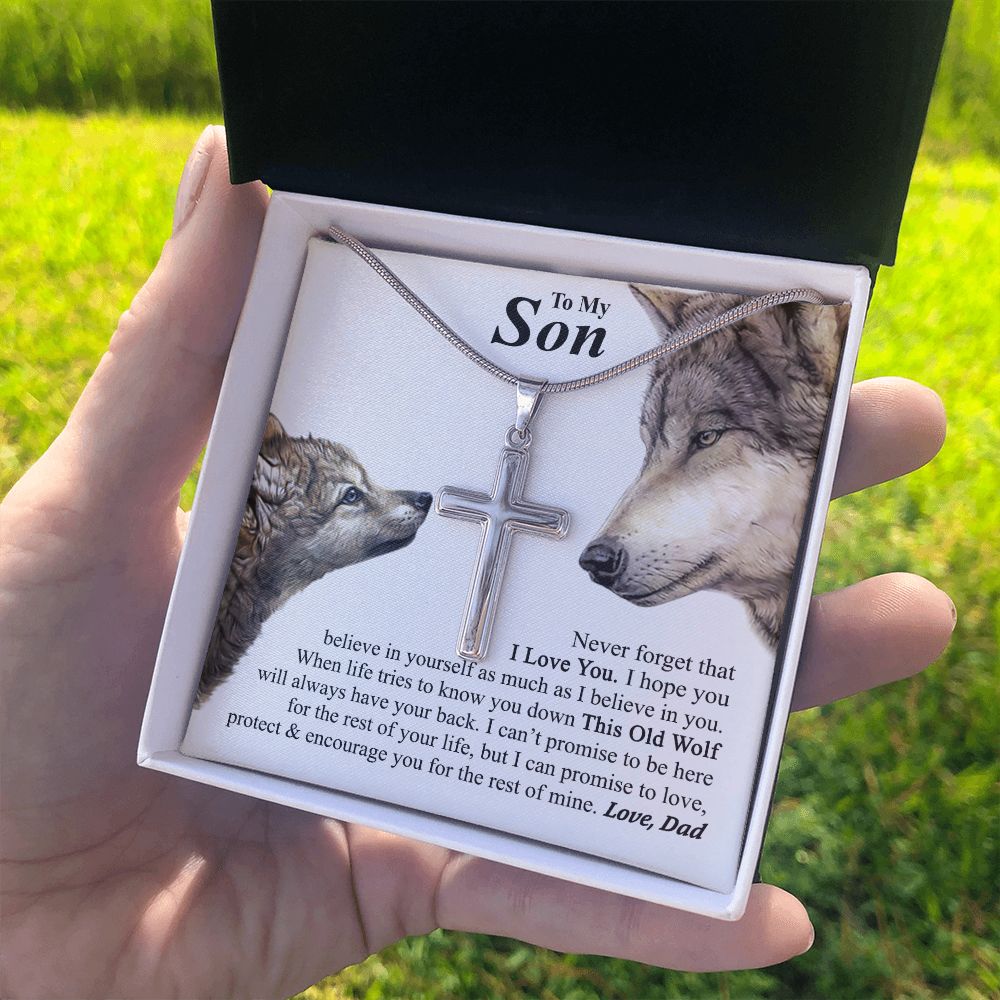 To My Son Cross Necklace From Mom, Mother To Son Jewelry Gift For Son, Cross Necklace For Men Boys, 14K White Gold Stainless Steel Cross Chains Set, Wolf Cross Pendant, Jewelry Gift For Boys, Man Personalized Cross Necklace 2222
