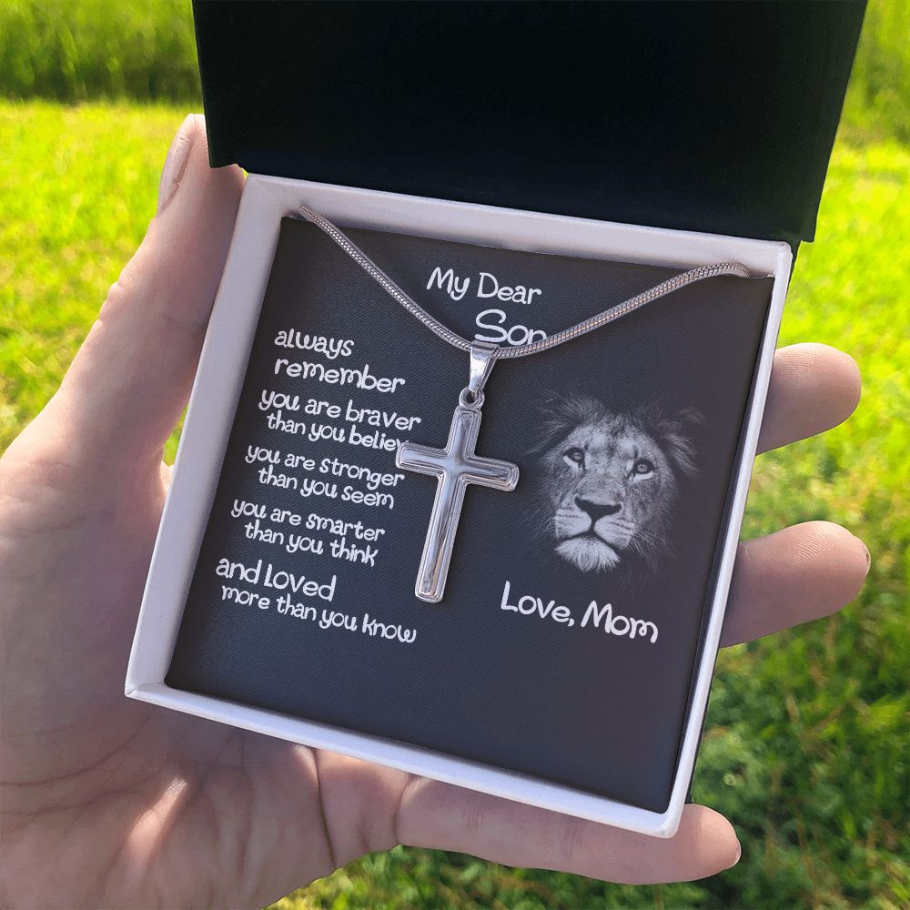To My Son Cross Necklace Gift From Mom, Son Lion Necklace, Birthday Gifts Cross Necklace For Son, Cross Pendant Gift From Mom, Son Jewelry Gift For Mens Artisan Crafted Cross Necklace Gift To Son Personalized Cross Necklace 2222