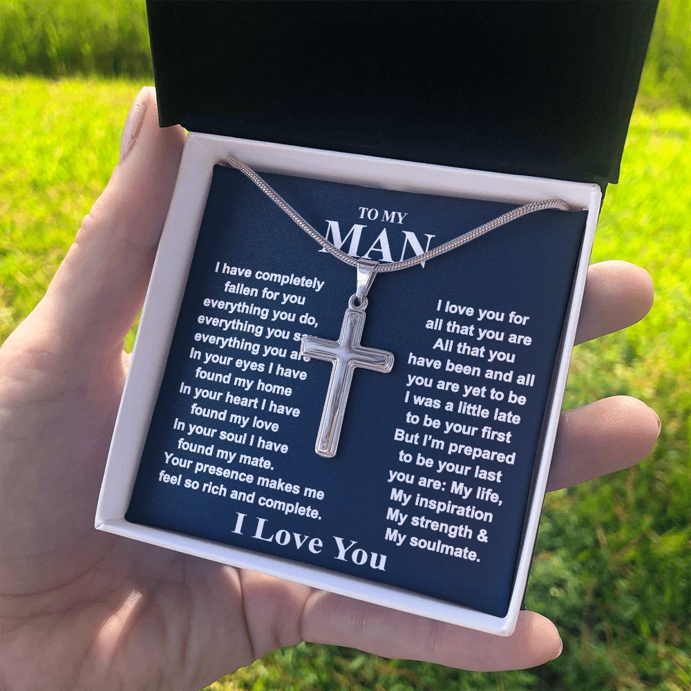 To My Man Cross Necklace Gift From Wife, Girlfriend, Fiancee Box With Card For Boyfriend, Anniversary Personalized Necklace Gift For Man, Jewelry Gift Cross Necklace For Men, Mans Gift Necklace Personalized Cross Necklace 2222
