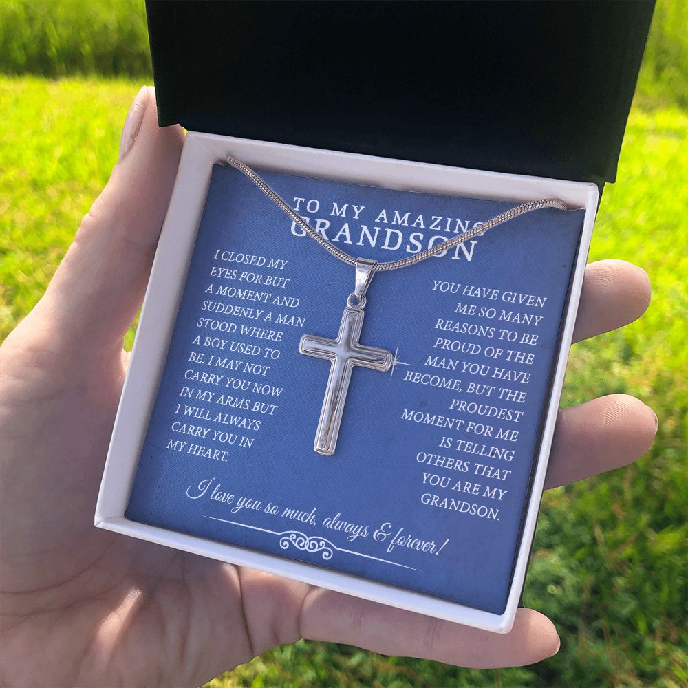Grandson Gift Cross Necklace, To My Grandson Necklace Gifts For Men Gift Grandson From Grandmother Jewelry Gift For Men Stainless Artisan Cross Necklace Gift For Grandson, Pendant Gift For Boys Personalized Cross Necklace 2222 ShineOnDDH230223-1-14