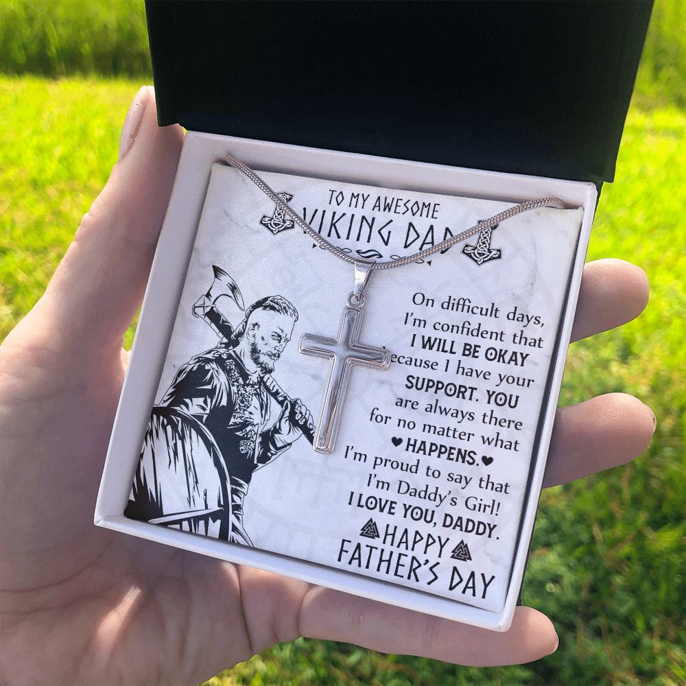 Viking Dad Cross Necklace, Jewelry Gift For Men, To My Awesome Viling Dad Necklace From Daughter, Happy Father's Day Cross Necklace Gift For Him, Daddy's Girl Necklace Gift From Little Girl Necklace Personalized Cross Necklace 2222