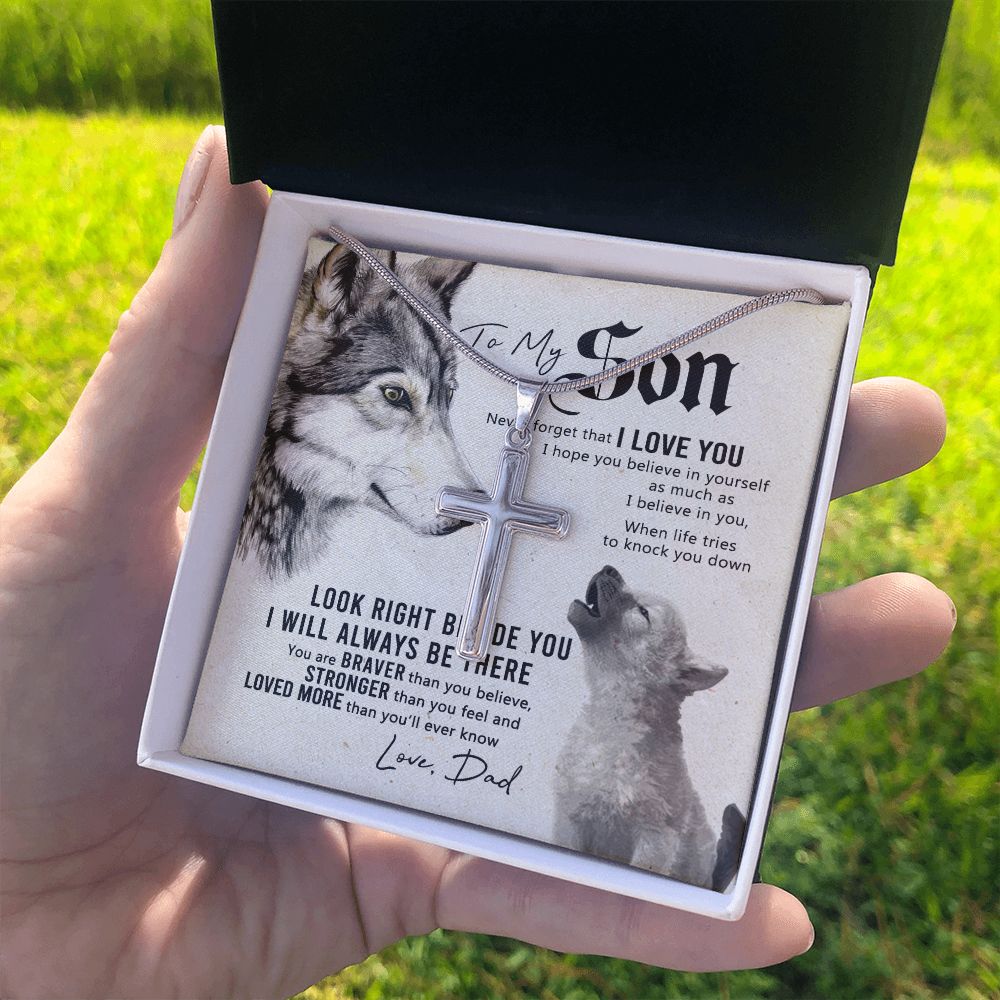 Wolf Father To Son Engraved Cross Necklace Gift For Son, To My Son Engraved Cross Necklace From Dad, Dady Meaningful Jewelry Gift For Men Artisan Engraved Cross Necklace Gift For Wolf Son Necklace Personalized Cross Necklace 2222