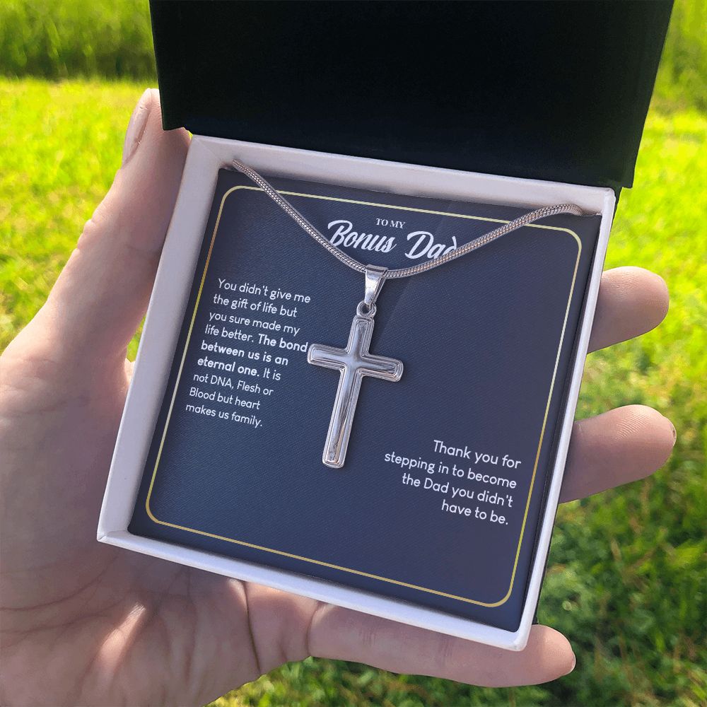 Bonus Dad Gift Necklace, Thank You For Dad Necklace, To My Bonus Dad Necklace From Daughter, Not DNA Necklace Gift For Dad From Bonus Daughter, Bonus Dad And Bonus Daughter Necklace Gift For Him Personalized Cross Necklace 2222