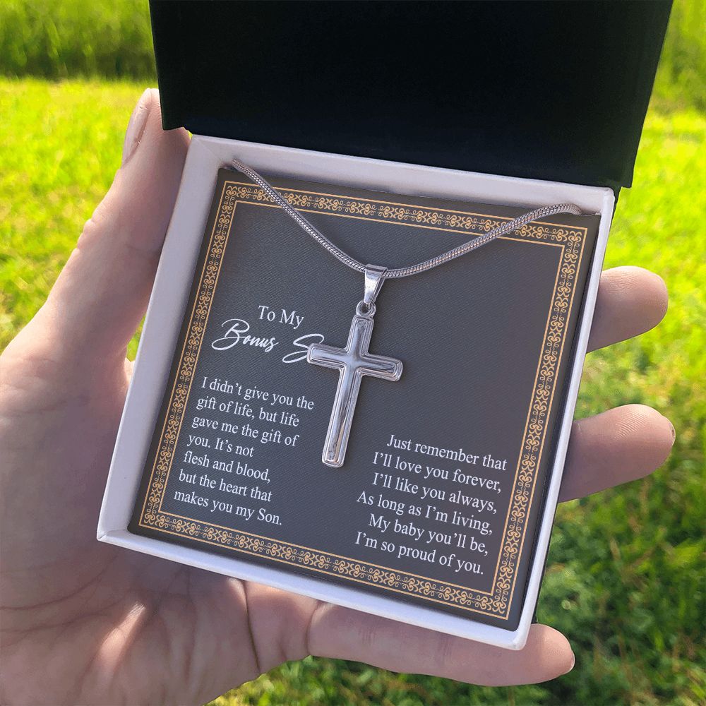 Jewelry For Mens - Bonus Son Necklace Gift, to My Bonus Son Jewelry from Mom, Lion Necklace Pendant, Step Son Gift, for Bonus Son, Adopted Son Gift Necklace, Stepchild Gifts 14K Cross Personalized Cross Necklace 2222