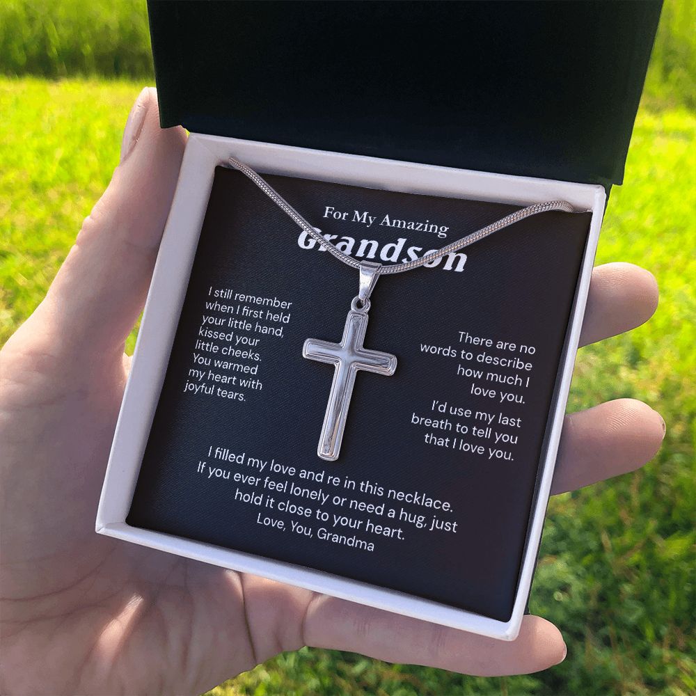 To My Grandson Cross Necklace From Grandma, Gift Necklace for My Amazing Grandson Cross Necklace Gift From Grandma And grandson Gift Cross Necklace On Birthday, Graduation Jewelry Gift For Boys, Him Personalized Cross Necklace 2222
