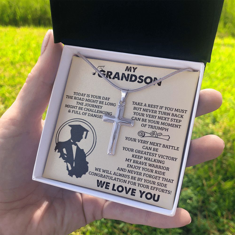 Graduation Gift Necklace, To my Grandson Cross Necklace Gift From Grandma, Grandpa, Necklace Gift For Grandson, Jewelry Gift For Boys, Man Cross Pendant, Graduation Necklace Gift For Him We Love You Personalized Cross Necklace 2222