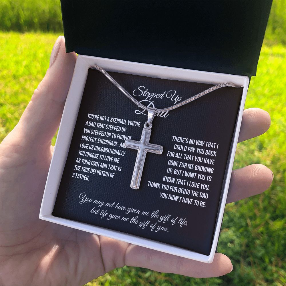 Stepped Up Dad Cross Necklace, To My Stepped Up Dad Cross Necklace From Stepped Up Daughter, Father And Daughter Necklace, Jewelry Gift For Men, Bonus Dad Gift Necklace On Father's Day For Dad