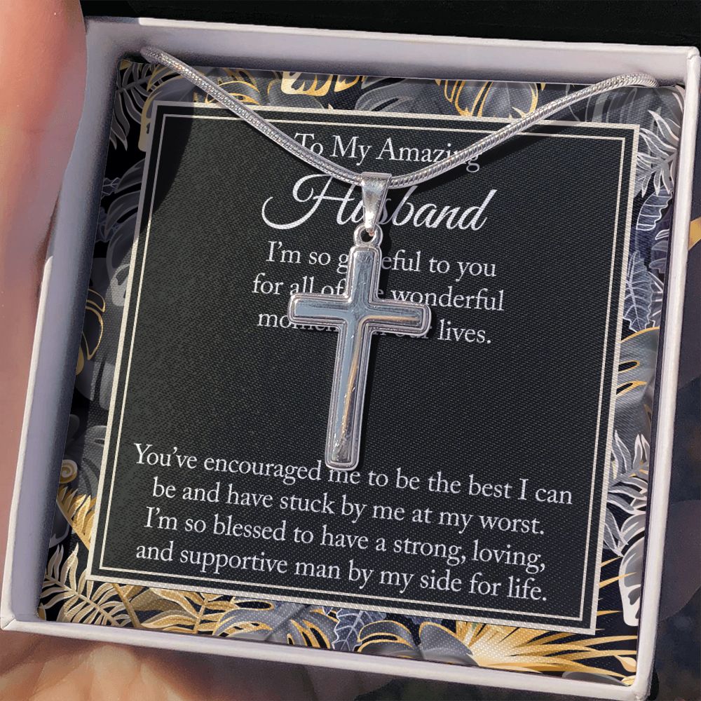 Husband Gift From Wife - Gifts For Husband - Cuban Link Chain - Chain Necklace To My Amazing Husband Jewelry For Men Stainless Artisan Crafted Cross Necklace with Message Card Luxury Box Personalized Cross Necklace