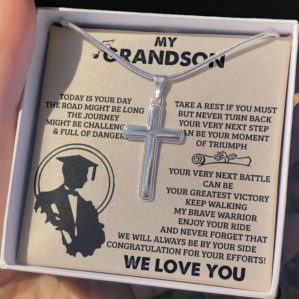 Grandson Birthday Gifts From Grandma Present For Grandson From Grandmother To My Grandson Necklace From Grandparents Cross Chain with Message Card and Gift Box Personalized Cross Necklace