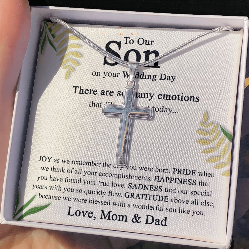 To Our Son on His Wedding Day Cross Necklace, Sentimental Wedding Gifts Cross Necklace from Parents, Son Getting Married, Wedding gift Cross Necklace for Son Wedding Day Gift for Son Jewelry for Men Personalized Cross Necklace  B0BWK96PHF