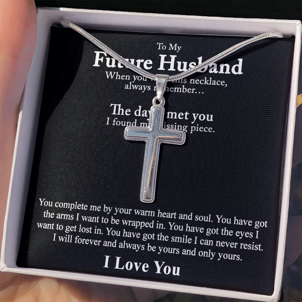 To My Future Husband Cuban Chain Necklace, Husband To Be From Wife Soulmate Fiancee for His Jewelry For Men Stainless Artisan Crafted Cross Necklace with Message Card Luxury Box Personalized Cross Necklace