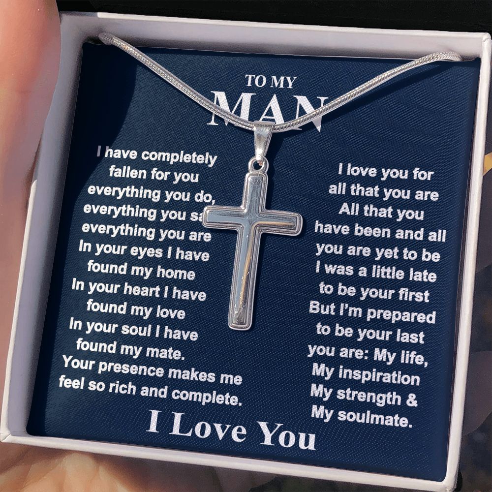 Jewelry For Mens - To My Man Personalized Engraved Cross Necklace Gift From Wife, Girlfriend, Fiancee Box With Card For Boyfriend, Anniversary Necklace, Valentine Day, Birthday Pendant Personalized Cross Necklace