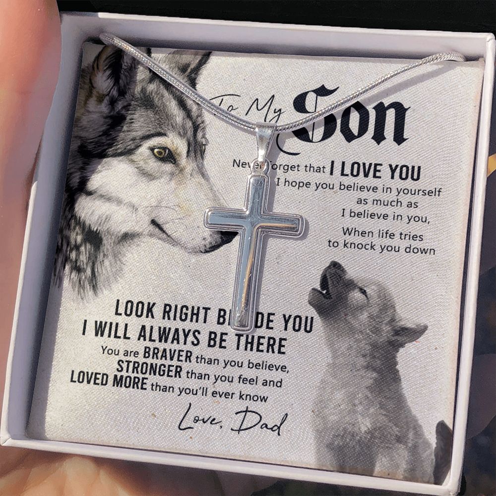 Wolf Father To Son Engraved Cross Necklace Gift For Son, To My Son Engraved Cross Necklace From Dad, Dady Meaningful Jewelry Gift For Men Artisan Engraved Cross Necklace Gift For Wolf Son Necklace Personalized Cross Necklace