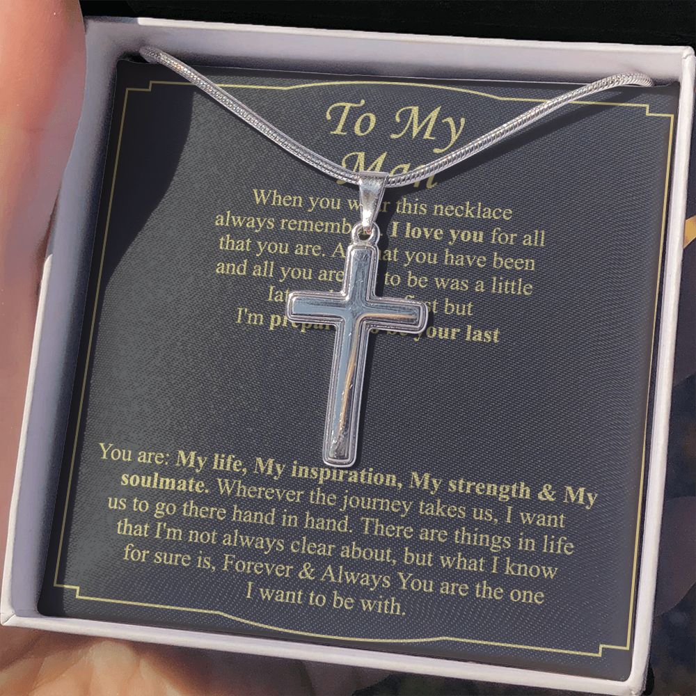 To My Man Cross Necklace Gift For Boyfriend, Boyfriend Birthday Cuban Link Necklace From Soulmate Wife Jewelry For Men Stainless Artisan Crafted Cross Necklace with Message Card Luxury Box Personalized Cross Necklace