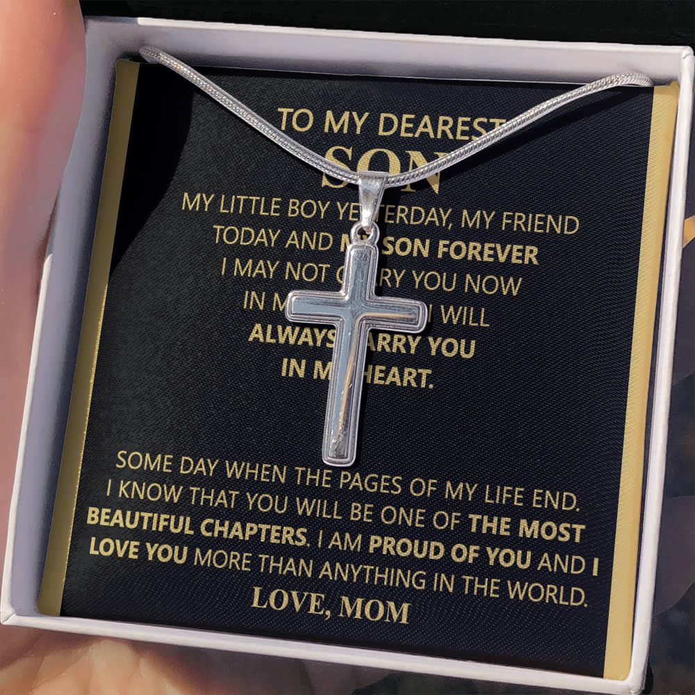 To My Derest Son Cross Necklace Gift for Derest Son Birthday, Graduation Gift Necklace For Son, Christmas Jewelry For Men, Stainless Artisan Crafted Cross Necklace Gift For Son with Message Card Personalized Cross Necklace