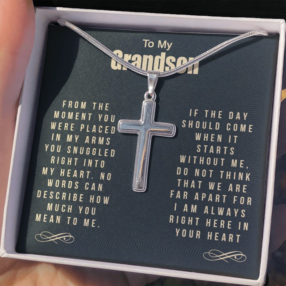 To My Grandson Cross Necklace Gift From Grandma For Grandson Snuggled Right Jewelry For Men Stainless Artisan Crafted Cross Necklace with Message Card Luxury Box Personalized Cross Necklace