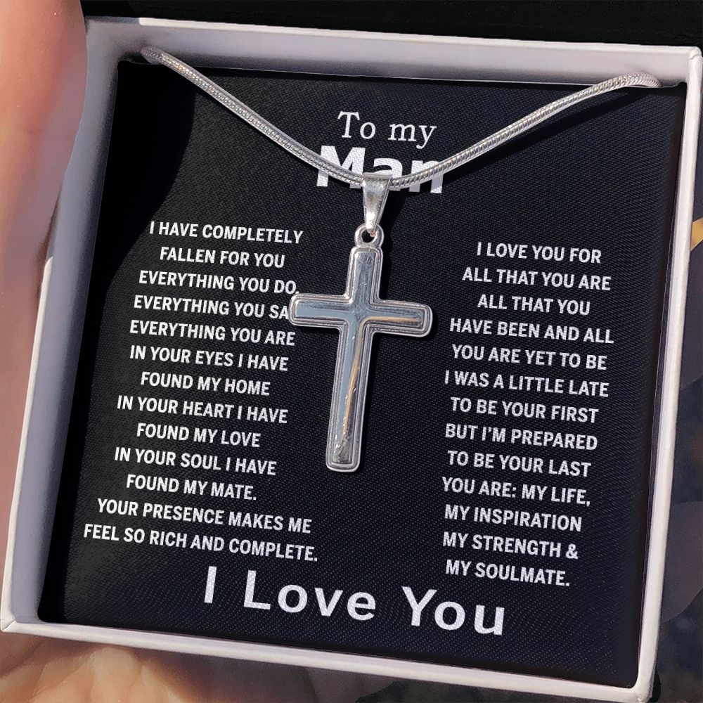 To My Man Cross Necklace Jewelry For Men, Man Necklace Silver From My Love Soulmate Wife Gift Jewelry For Men Stainless Artisan Crafted Cross Necklace with Message Card Luxury Box Personalized Cross Necklace