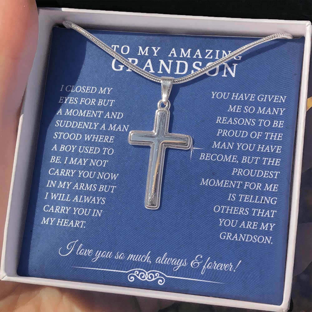Grandson Gift, To My Grandson Necklace Gifts For Grandson From Grandmother Jewelry For Men Stainless Artisan Crafted Cross Necklace with Message Card Luxury Box Personalized Cross Necklace