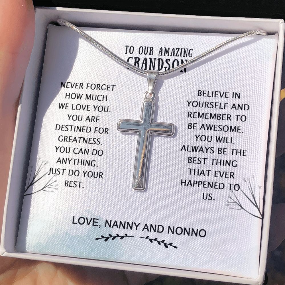 Grandson Birthday Gifts From Grandma Present For Grandson From Grandmother To My Grandson Necklace From Grandparents Cross Chain with Message Card and Gift Box3 Personalized Cross Necklace