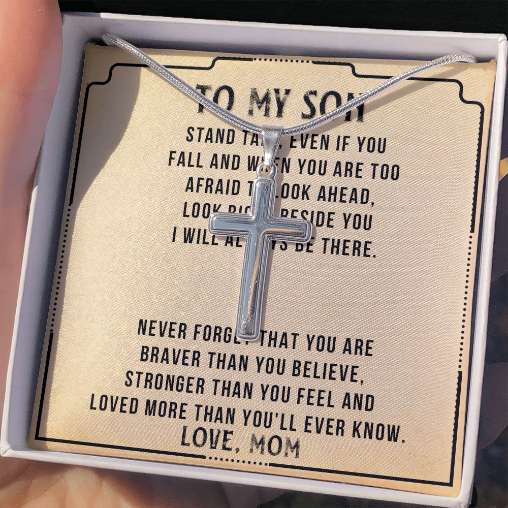 Personalized Necklace Gift For Son, To My Son Cross Necklace from Mom with Message Card and Gift Box, To My Son Cross Necklace for Birthday Graduation Gift For Son, Valentines Gifts for Son from Mom Personalized Cross Necklace