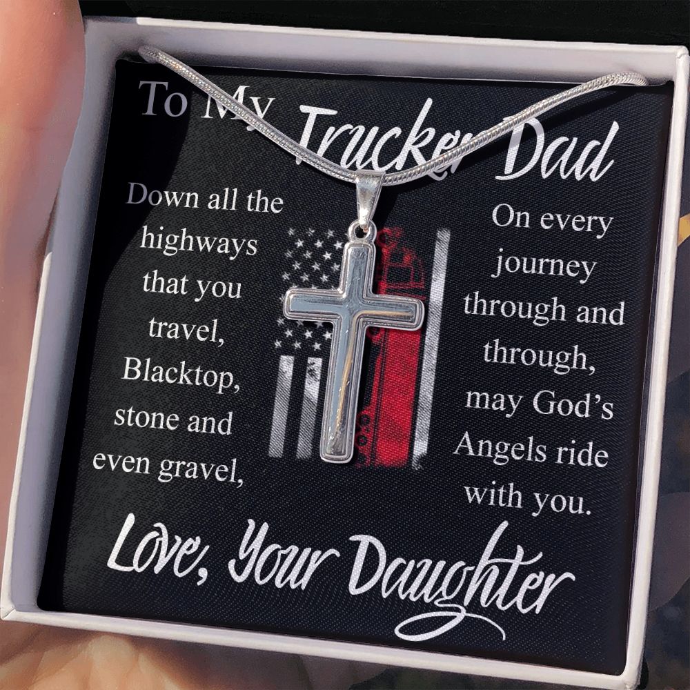 Jewelry For Mens - Jewelry Custom Card, To My Truckin Dad Cross Necklace, I Love You Dad, Truck Driver Dad Necklace Gift, Stainless Steel Cross Jewelry Gift, Christmas Thankgiving Gift Ideas Personalized Cross Necklace
