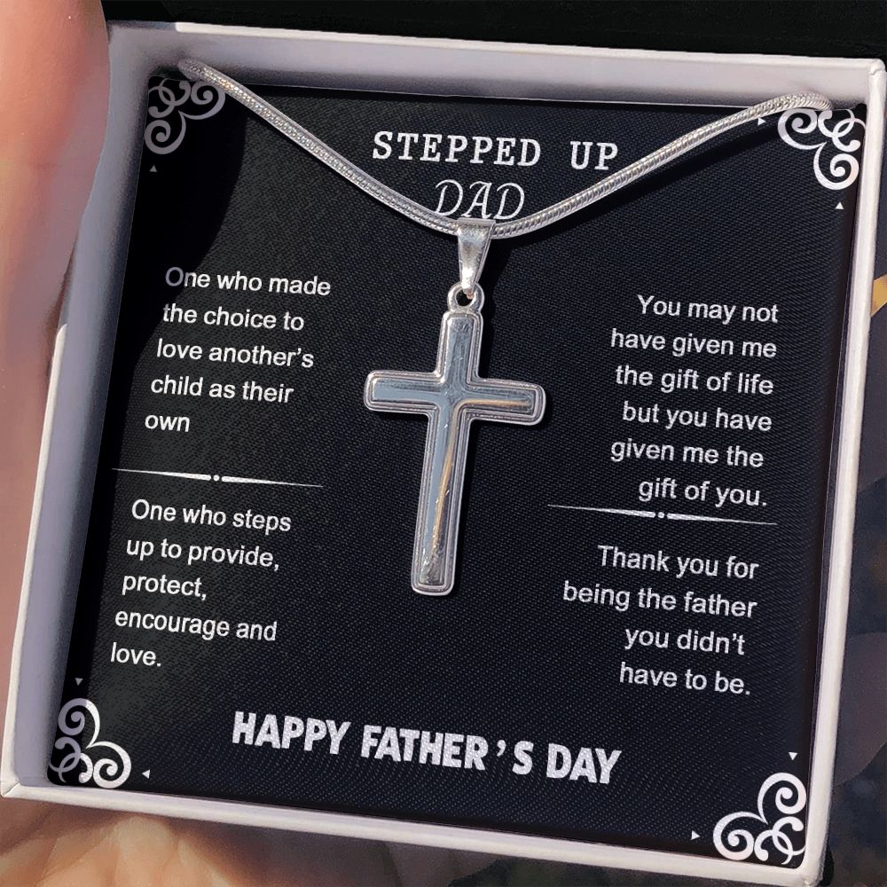 Gift For Stepdad Father's Day Present Idea Stepfather Gifts Bonus Dad Birthday Anniversary From Son Jewelry For Men Stainless Artisan Crafted Cross Necklace with Message Card Luxury Box Personalized Cross Necklace