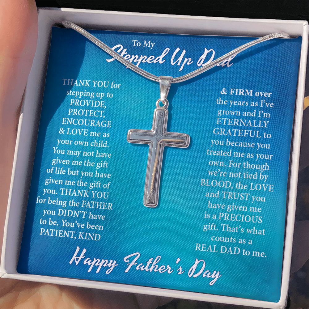 To My Step Dad Cross Necklace, Thank You for Stepping Up Dad To Provide Dad Necklace Gift, 14k Stainless Steel Cross Necklace, Jewelry Gift For Dad On Anniversary Father's Day Graduation Gift Personalized Cross Necklace