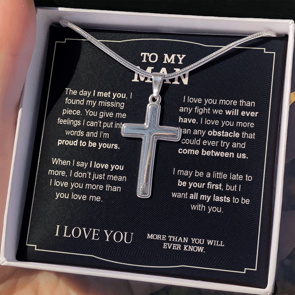 To My Man Necklace Gifts For Man Birthday Communion Present Necklace From Fiancee Soulmate Jewelry For Men Stainless Artisan Crafted Cross Necklace with Message Card Luxury Box Personalized Cross Necklace