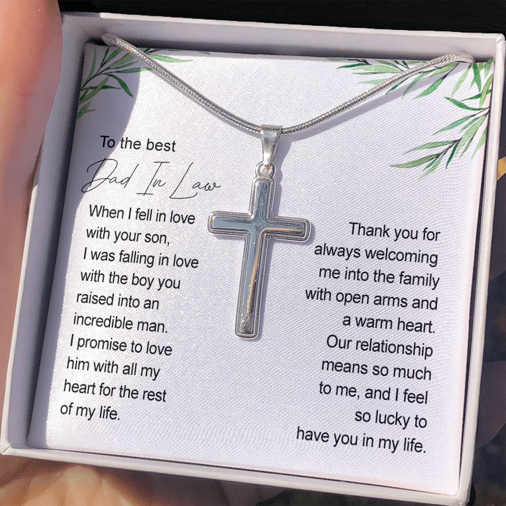 Father In Law Gift Father Of The Groom Wedding Gift For Father In Law From Bride Jewelry For Men Stainless Artisan Crafted Cross Necklace with Message Card Luxury Box Personalized Cross Necklace
