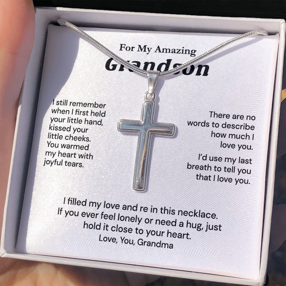 Grandson Birthday Gifts From Grandma Present For Grandson From Grandmother To My Grandson Necklace From Grandparents Cross Chain with Message Card and Gift Box5 Personalized Cross Necklace