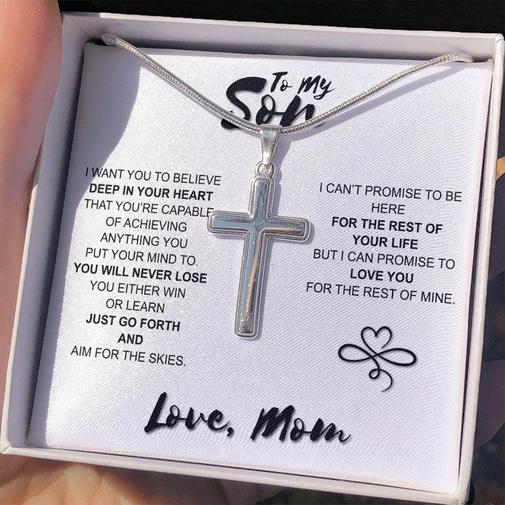 To My Son Gift Cross Necklace From Mom, Mother And Son Cross Necklace Sentimental Gift For My Son, Jewelry Gift For Son From Mom Stainless Artisan Cross Necklace Gift For Son with Message Card Personalized Cross Necklace