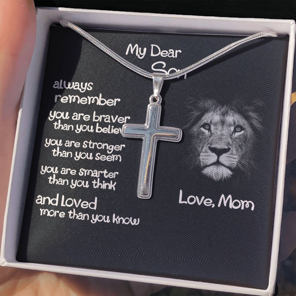 To My Son Cross Necklace Gift From Mom, Son Lion Necklace, Birthday Gifts Cross Necklace For Son, Cross Pendant Gift From Mom, Son Jewelry Gift For Mens Artisan Crafted Cross Necklace Gift To Son Personalized Cross Necklace