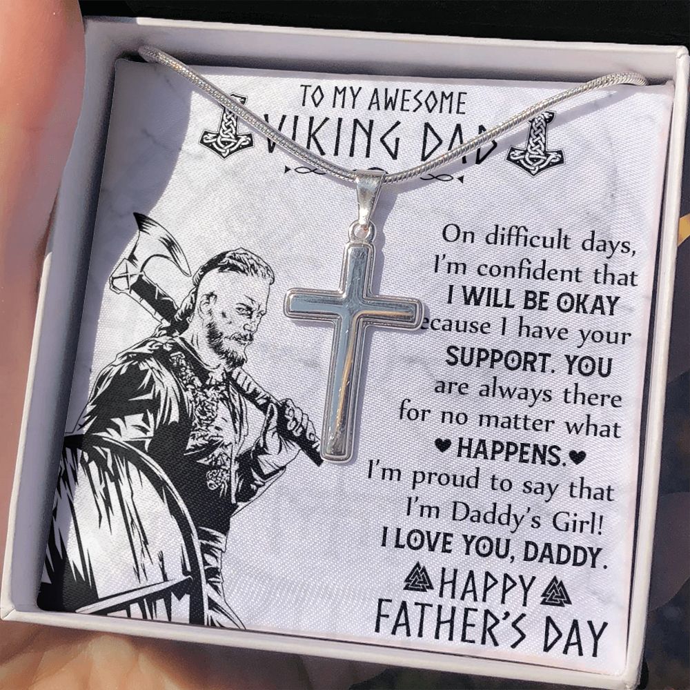 Jewelry For Mens - Jewelry Custom Card, To My Awesome Viking Dad Necklace From Daughter, Pendant Gift For I'm Dady's Girl, Happy Father's Day Necklace, Cross Necklace For Men, Viking Jewelry Personalized Cross Necklace