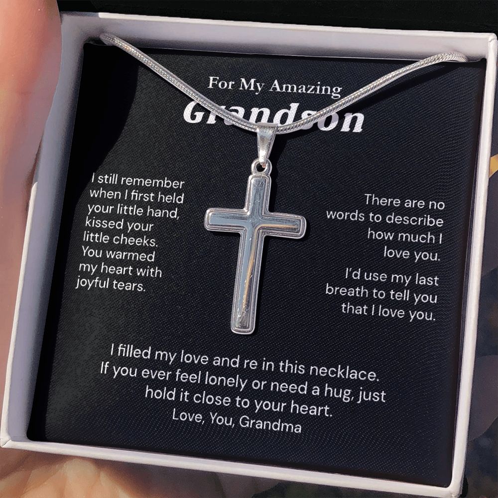 Grandson Birthday Gifts From Grandma Present For Grandson From Grandmother To My Grandson Necklace From Grandparents Cross Chain with Message Card and Gift Box4 Personalized Cross Necklace