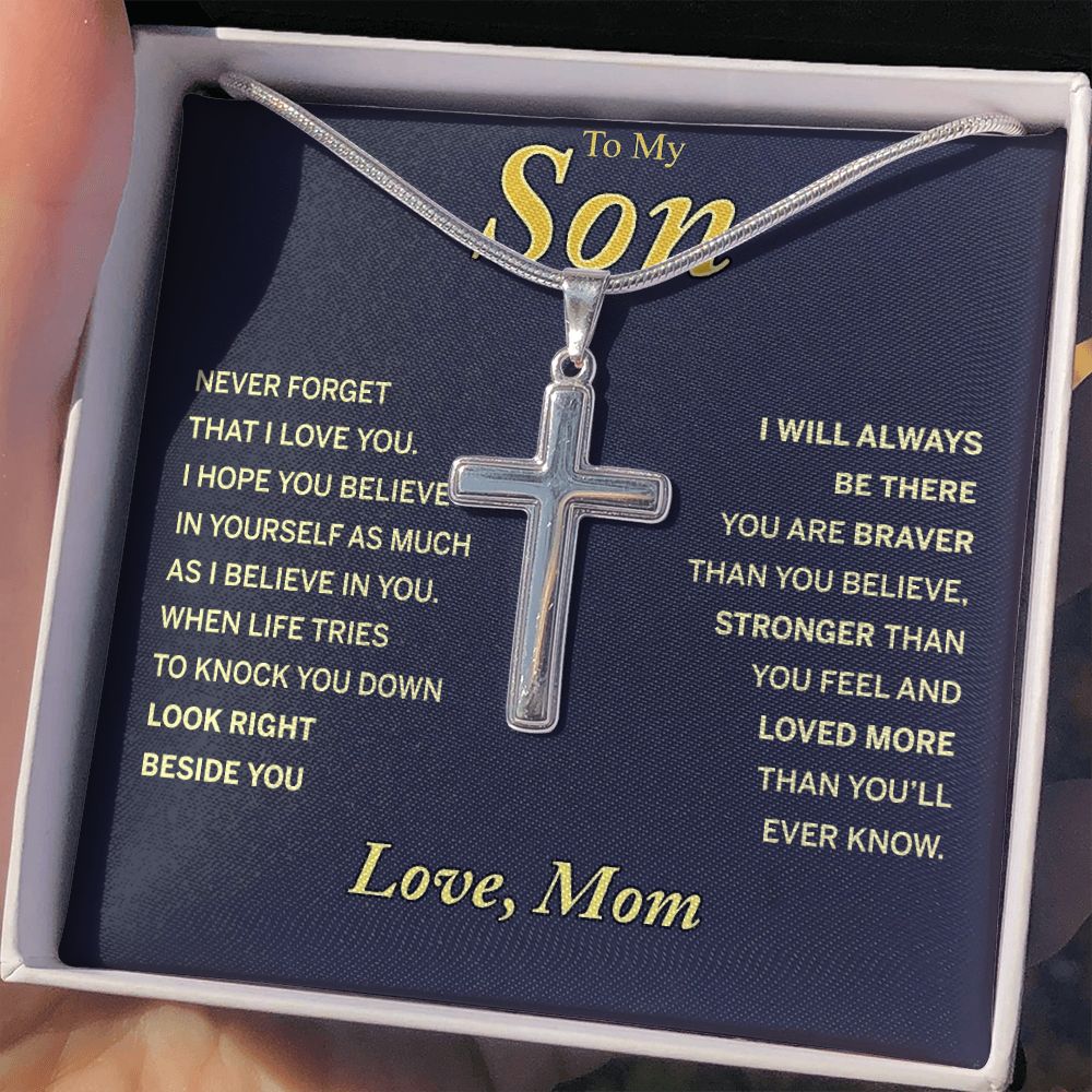 Jewelry For Mens - To My Son From Mom Necklace Son Jewelry, Fathers Day Necklace Gift For Son From Mom, Small Cross Necklace For Men Boy, 14K White Gold Stainless Steel Cross Chains, Cross P Personalized Cross Necklace