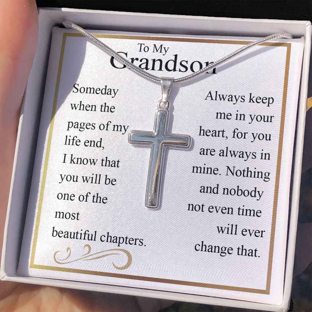 To My Grandson Artisan Cross Necklace Gift For Grandson From Grandma, Birthday Gifts Jewelry For Men Stainless Artisan Crafted Cross Necklace with Message Card Luxury Box Personalized Cross Necklace