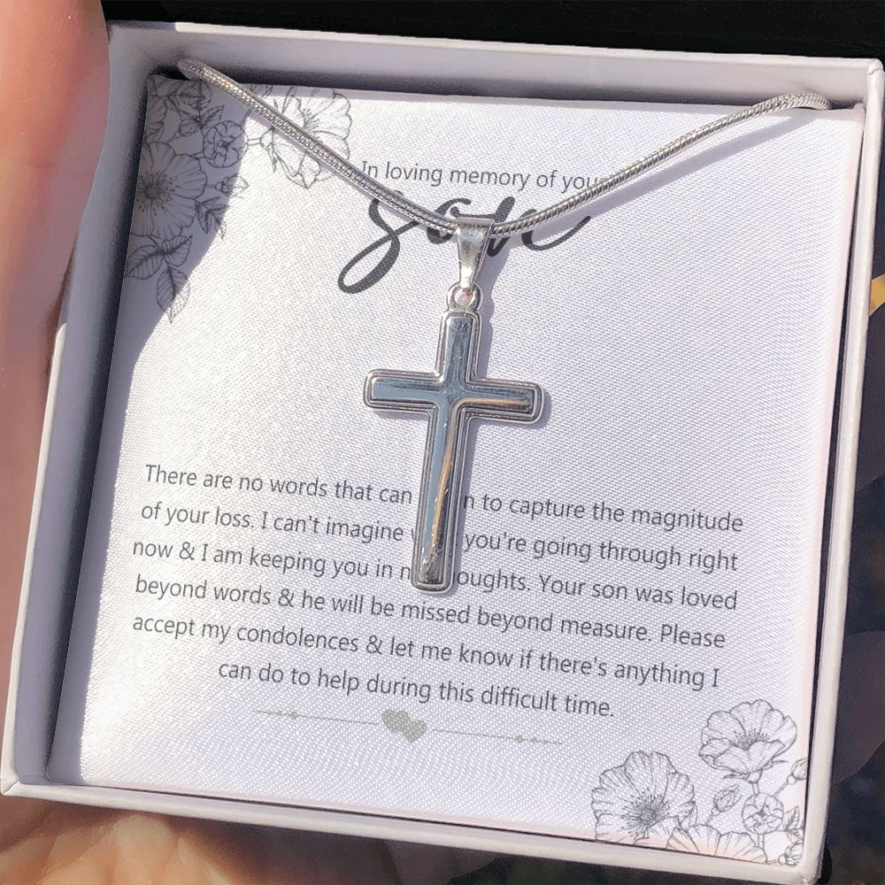 Bereavement Gift Loss of Son In Loving Memory Of Your Son Memorial Necklace Jewelry For Men Stainless Artisan Crafted Cross Necklace with Message Card Luxury Box Personalized Cross Necklace