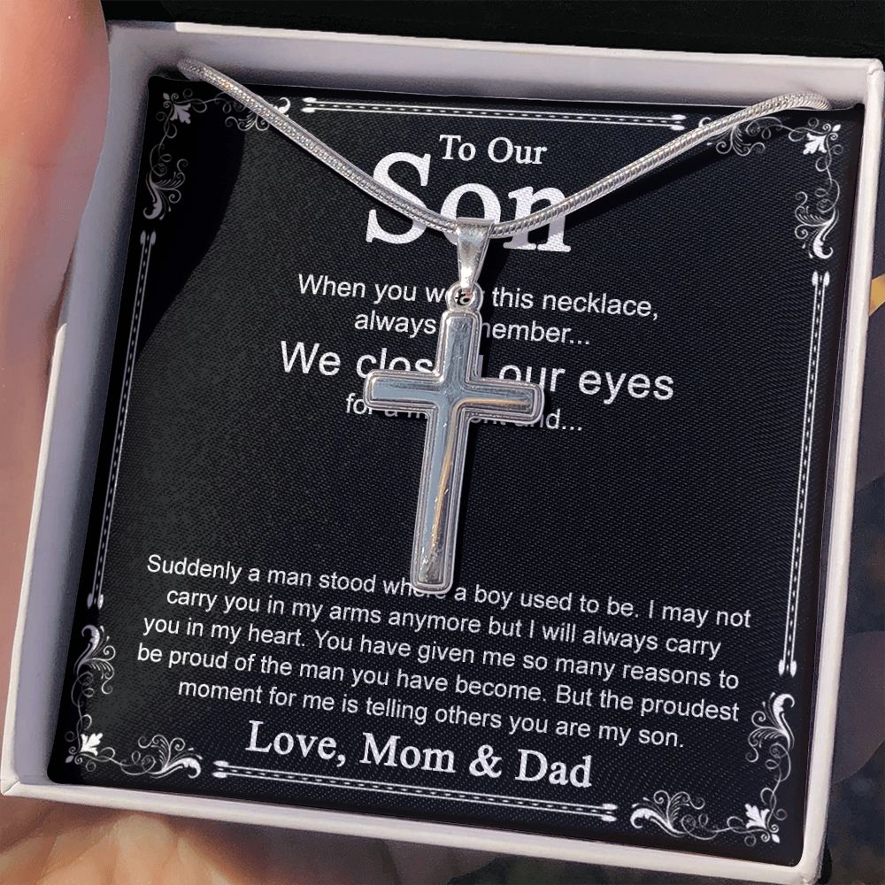 To Our Son Cross Necklace Pendant for Birthday Christmas Graduation Gift Cross Necklace from Dad Mom with Message Card and Gift Box For Son Personalized Gift Necklace for Son From Father and Mother Personalized Cross Necklace