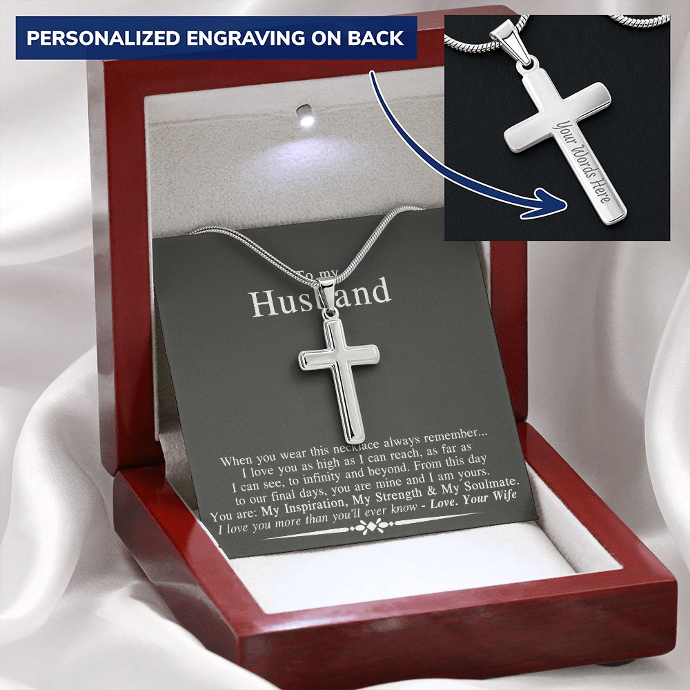 To My Husband Cuban Link Chain Necklace Gift For Husband From Wife Soulmate Anniversary Jewelry For Men Stainless Artisan Crafted Cross Necklace with Message Card Luxury Box Personalized Cross Necklace